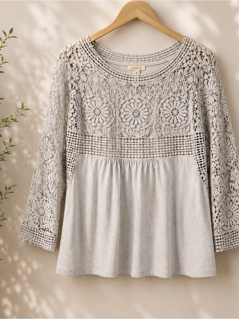Sundance Gray Crochet Lace Boho Top Medium Bell Sleeve Artisan Cottageco